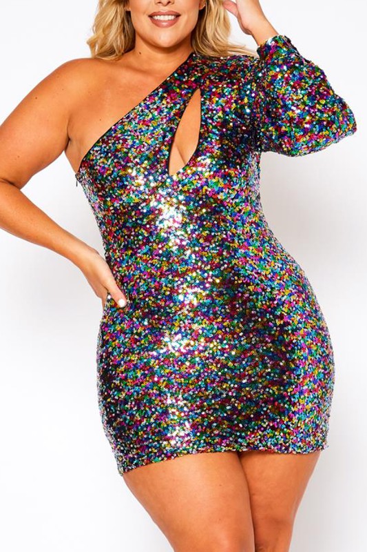 Plus Size One Shoulder Sequin Mini Dress