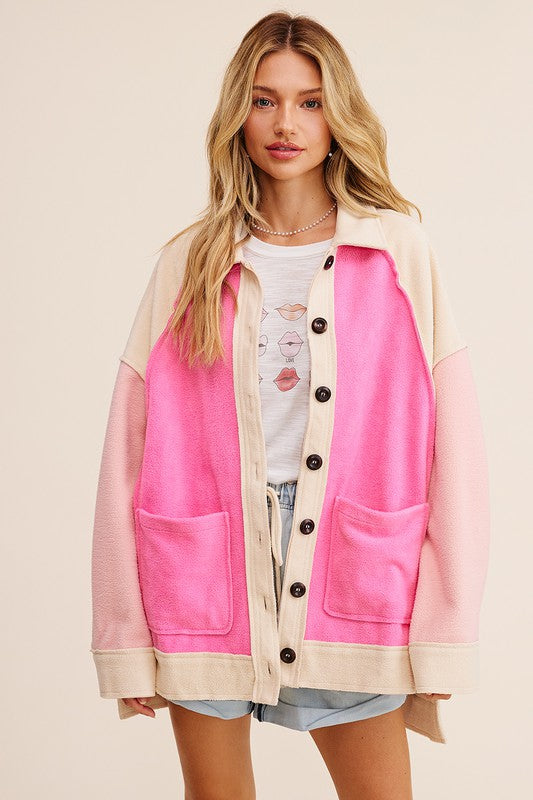Pink Soft Touch Terry like Shacket Knit Jacket