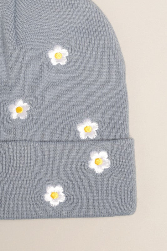 Flower Embroidered Knit Beanie Hat