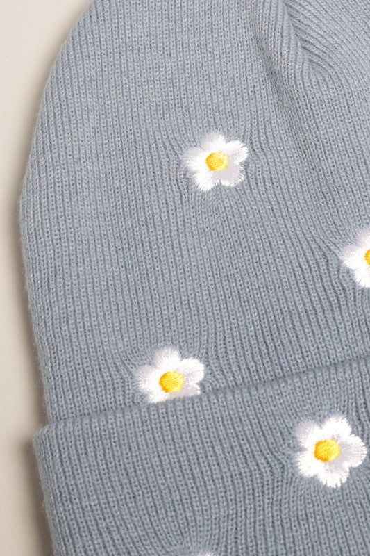 Flower Embroidered Knit Beanie Hat