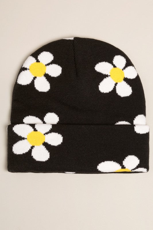 Floral Pattern Ribbed Cuff Knit Beanie Hat