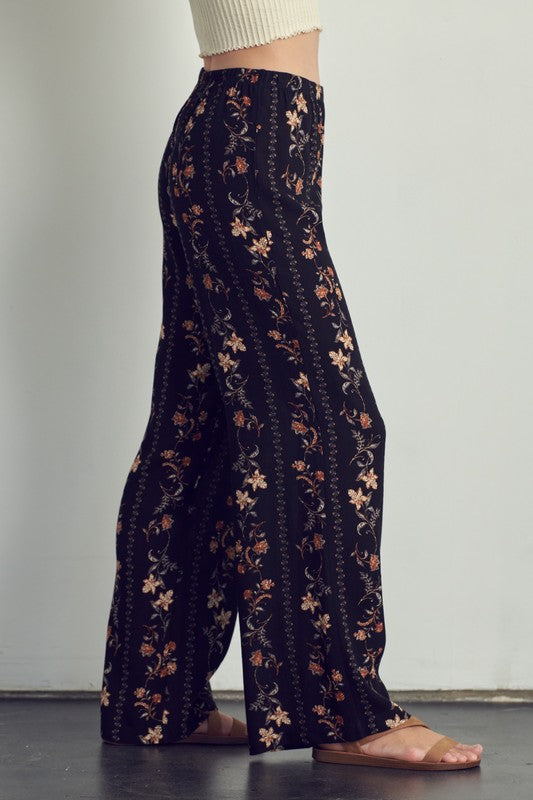 Right side view of Palazzo pants in floral rayon gauze-black