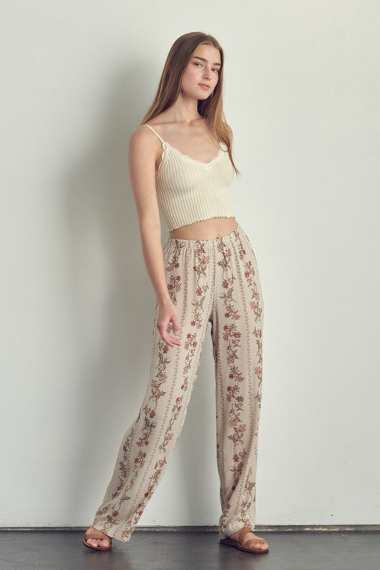 Full body view of Palazzo pants in floral rayon gauze-cream