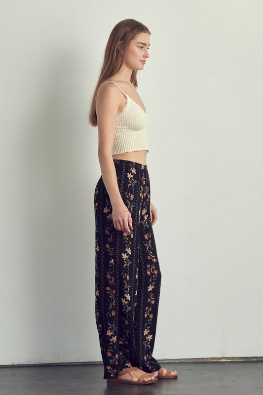Left side view of Palazzo pants in floral rayon gauze-black