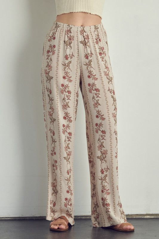 Full front view of Palazzo pants in floral rayon gauze-cream