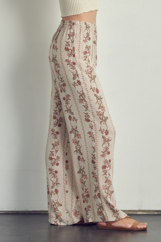 Close up of left side of Palazzo pants in floral rayon gauze-cream