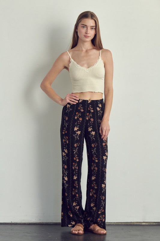 Front view of Palazzo pants in floral rayon gauze-black