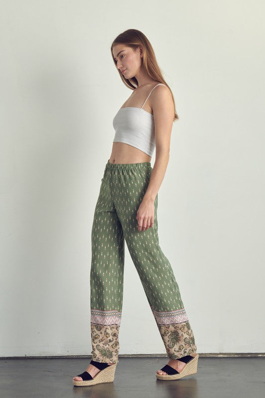 Left side view of Elastic waist palazzo pants in ethnic print-green