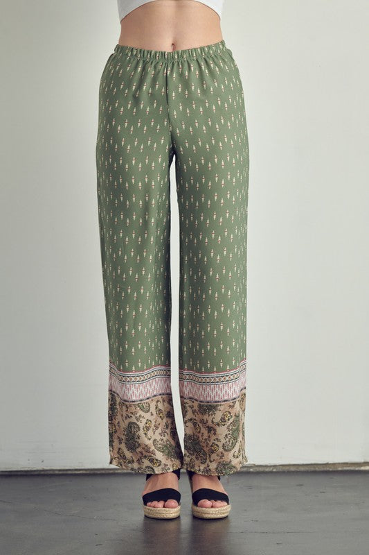 close up view of Elastic waist palazzo pants in ethnic print-green