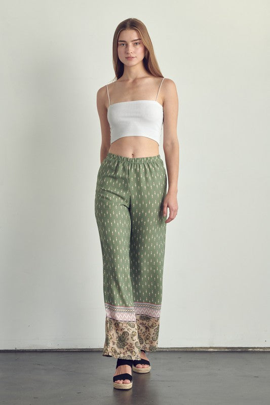 Full picture of Elastic waist palazzo pants in ethnic print-green