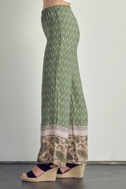 Side view of Elastic waist palazzo pants in ethnic print-green