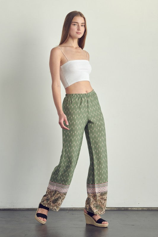 Right side view of Elastic waist palazzo pants in ethnic print-green