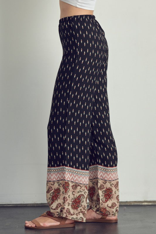 Right side view of Elastic waist palazzo pants in ethnic print-black