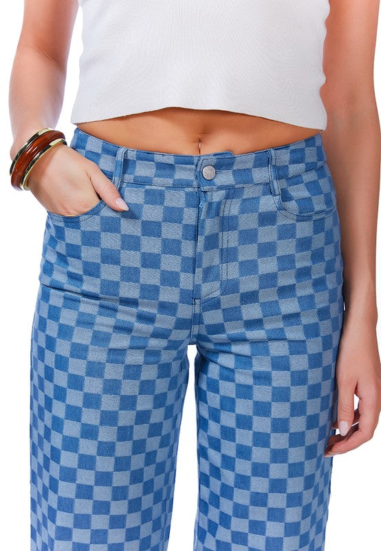 Watercolor Checks Patterned Denim Pants