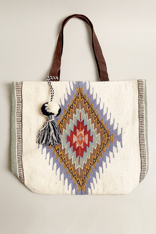 Boho Patterned Pom-Pom Tassel Shoulder Bag