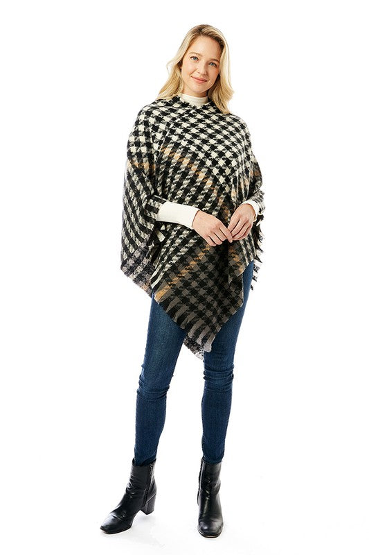 Women&#39;s Hounds tooth Poncho with Fringe
