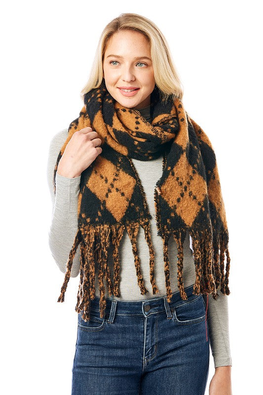 Women&#39;s Multi Colored Argyle Scarf With Fringe