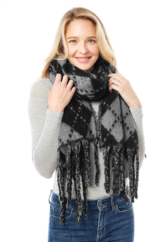 Women&#39;s Multi Colored Argyle Scarf With Fringe