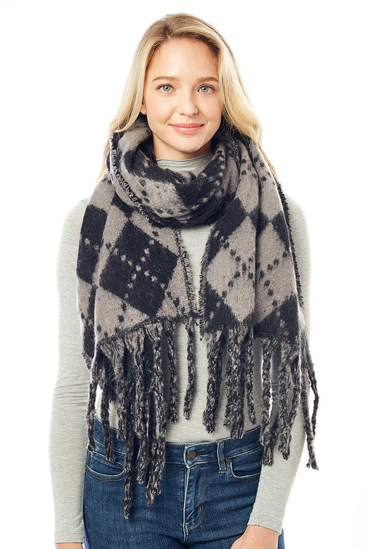 Women&#39;s Multi Colored Argyle Scarf With Fringe