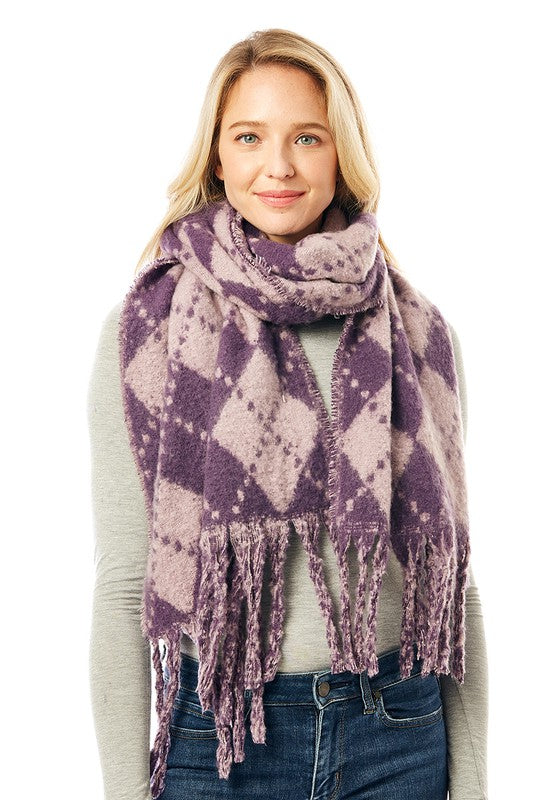 Women&#39;s Multi Colored Argyle Scarf With Fringe