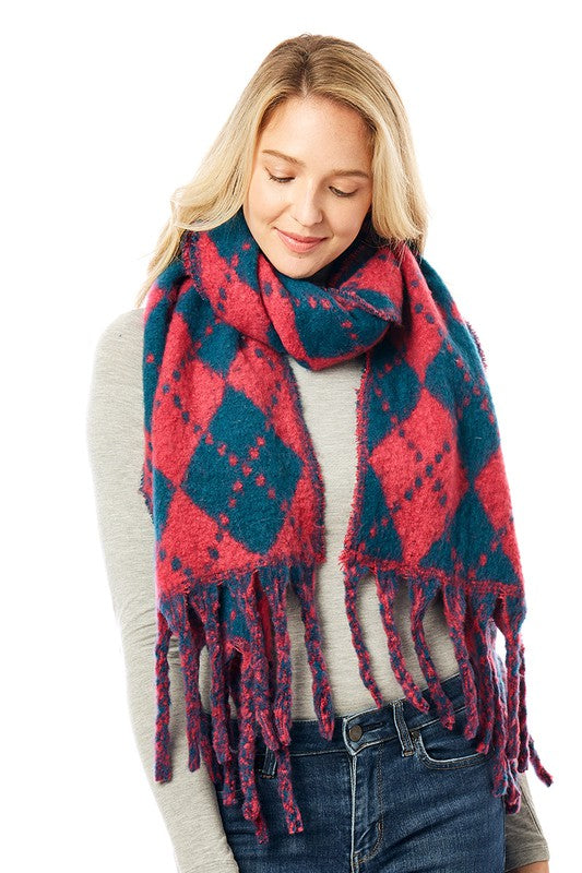Women&#39;s Multi Colored Argyle Scarf With Fringe