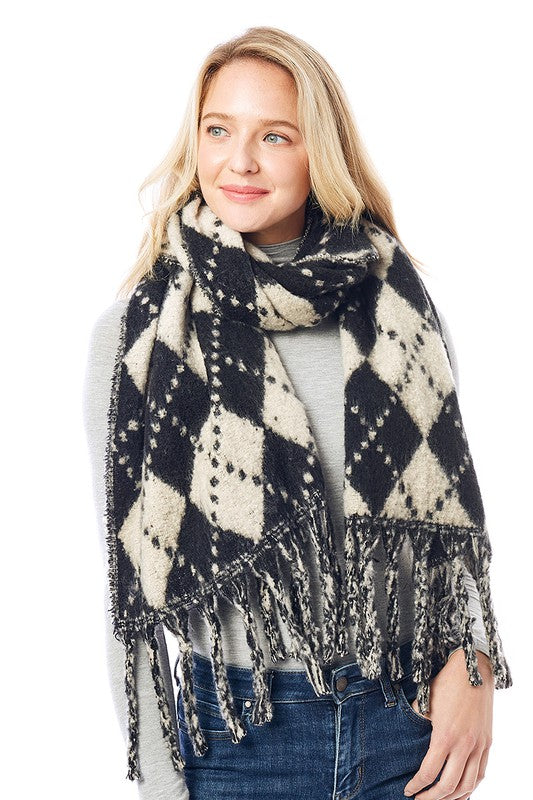 Women&#39;s Multi Colored Argyle Scarf With Fringe