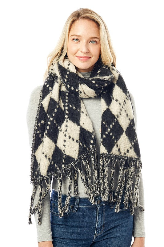 Women&#39;s Multi Colored Argyle Scarf With Fringe