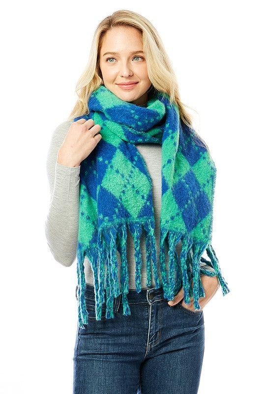 Women&#39;s Multi Colored Argyle Scarf With Fringe