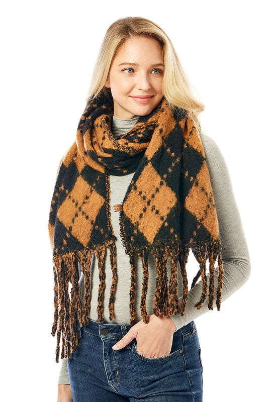 Women&#39;s Multi Colored Argyle Scarf With Fringe