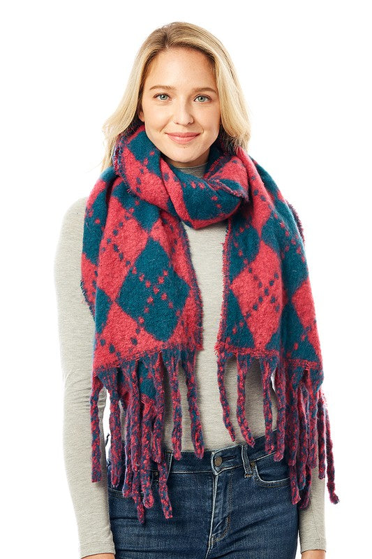 Women&#39;s Multi Colored Argyle Scarf With Fringe