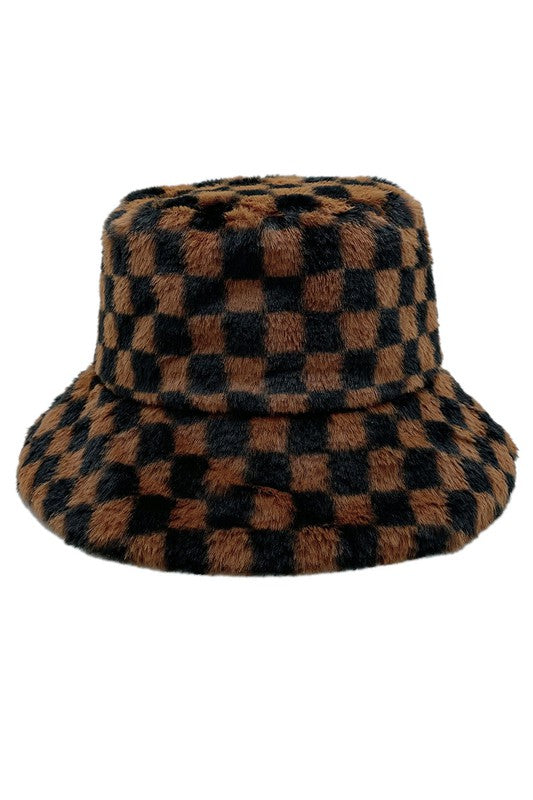 Checkered Printed Faux Fur Bucket Hat