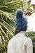 Blue Cable Knit Pom Beanie Hat Vegan Faux Fur