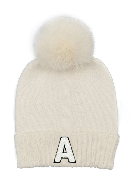 Letter A Chenille Patch Faux Fur Pom Knit Beanie