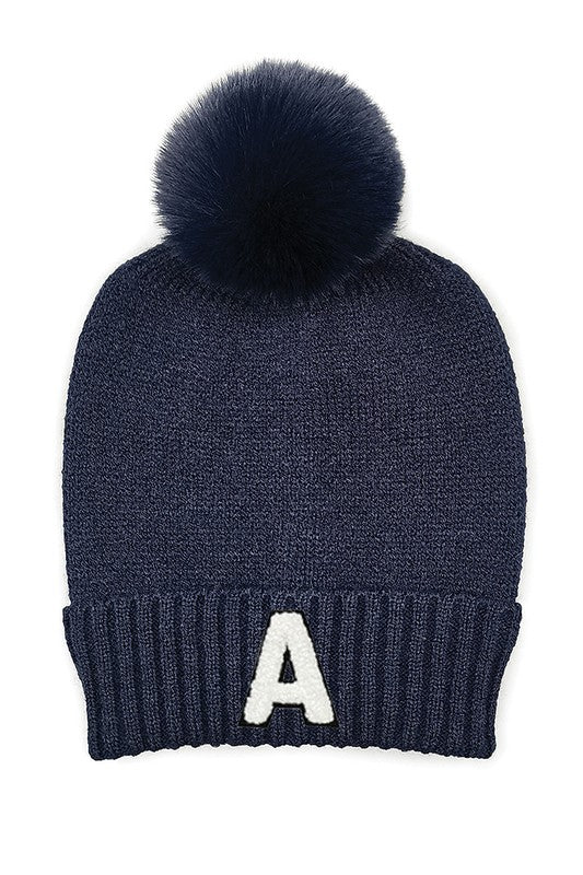 Letter A Chenille Patch Faux Fur Pom Knit Beanie