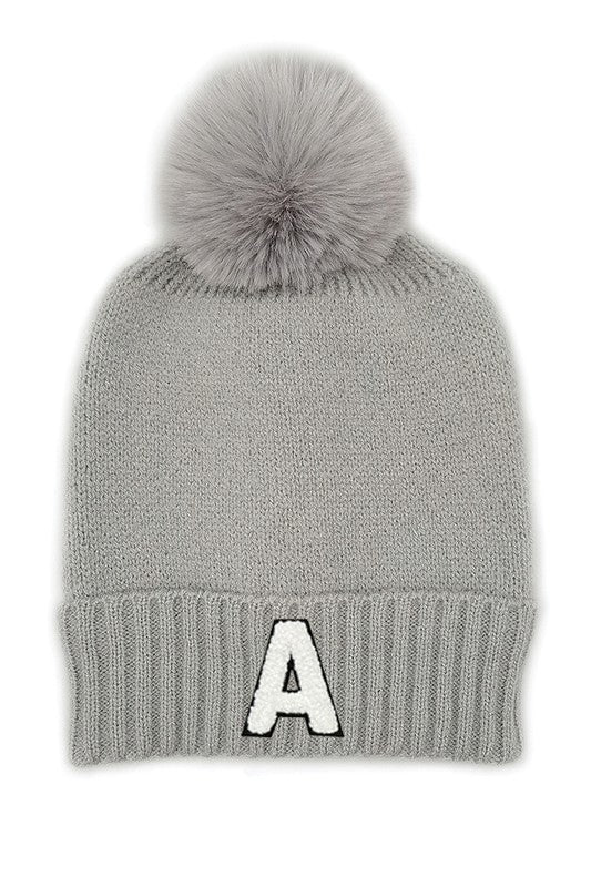 Letter A Chenille Patch Faux Fur Pom Knit Beanie