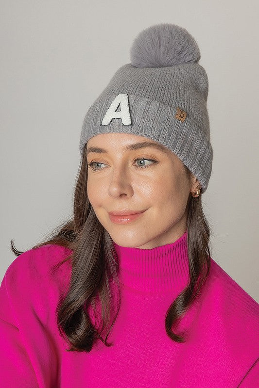 Letter A Chenille Patch Faux Fur Pom Knit Beanie