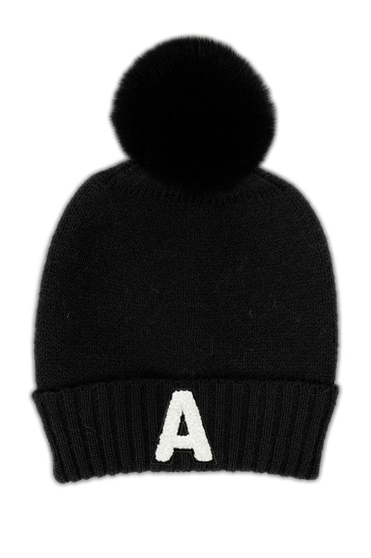 Letter A Chenille Patch Faux Fur Pom Knit Beanie