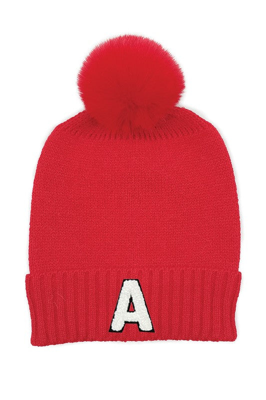 Letter A Chenille Patch Faux Fur Pom Knit Beanie