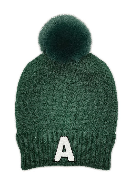 Letter A Chenille Patch Faux Fur Pom Knit Beanie