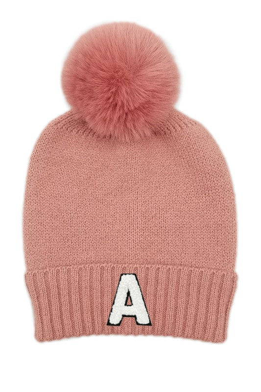 Letter A Chenille Patch Faux Fur Pom Knit Beanie