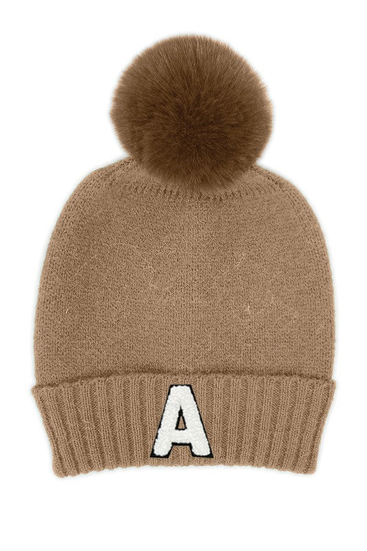 Letter A Chenille Patch Faux Fur Pom Knit Beanie