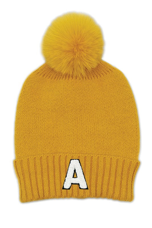 Letter A Chenille Patch Faux Fur Pom Knit Beanie