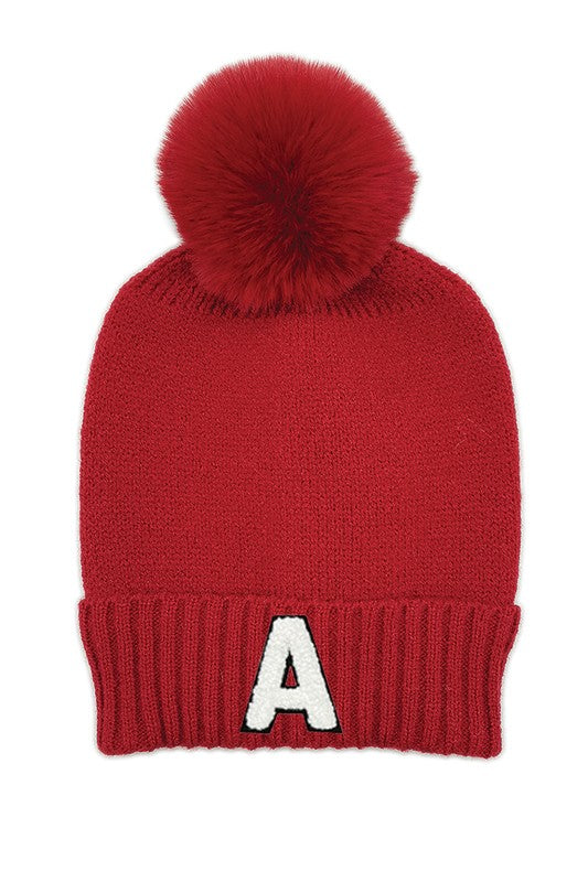 Letter A Chenille Patch Faux Fur Pom Knit Beanie
