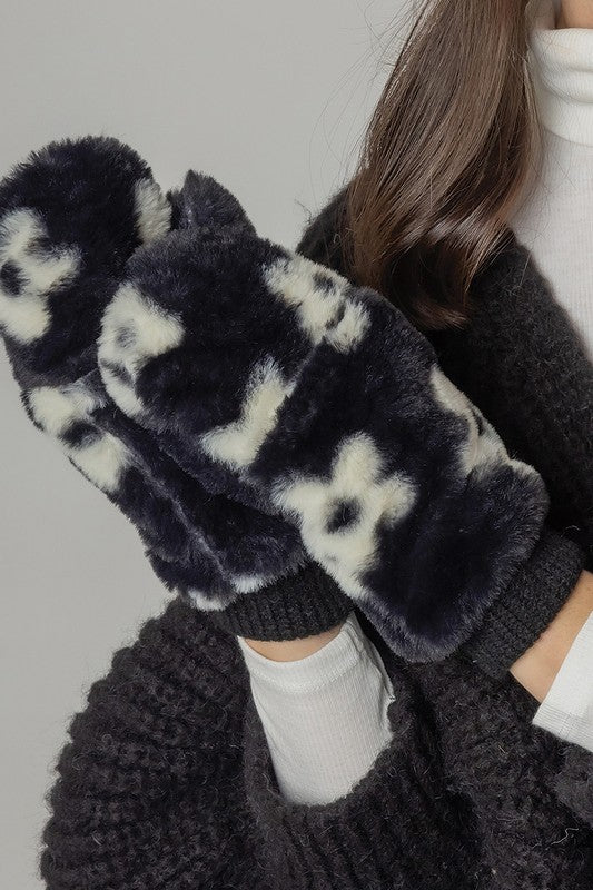 Floral Print Faux Fur Mittens