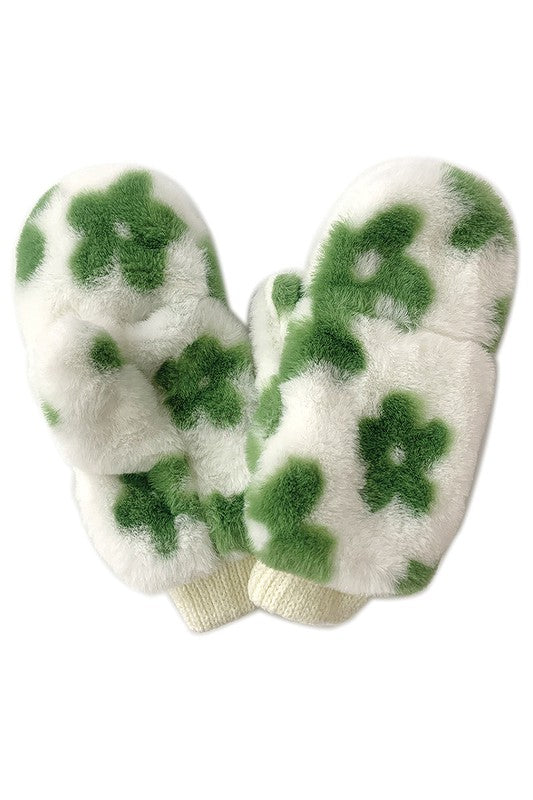 Floral Print Faux Fur Mittens