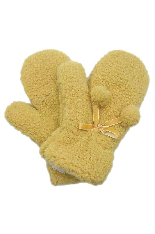 Solid Sherpa Mittens with Velvet Ribbon