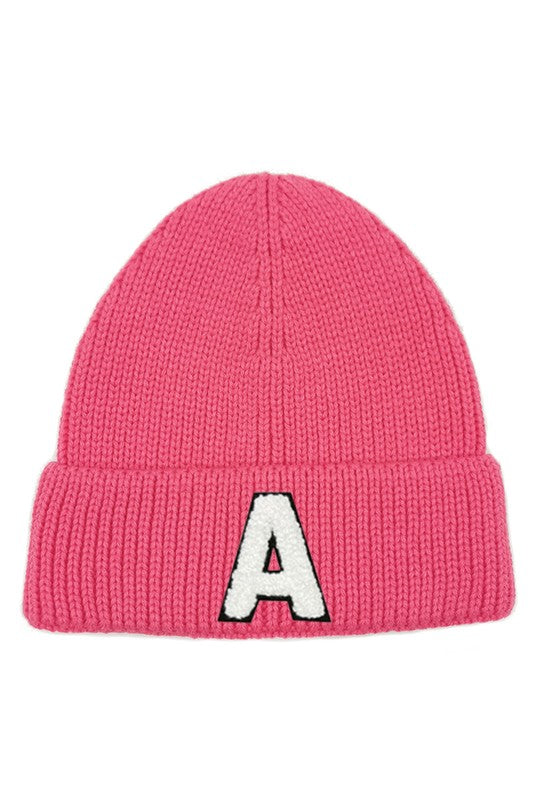 Letter A Chenille Patch Ribbed Cuff Beanie Hat