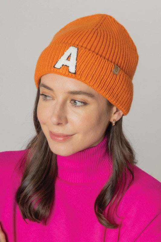 Letter A Chenille Patch Ribbed Cuff Beanie Hat