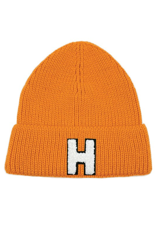 Letter H Chenille Patch Ribbed Cuff Beanie Hat
