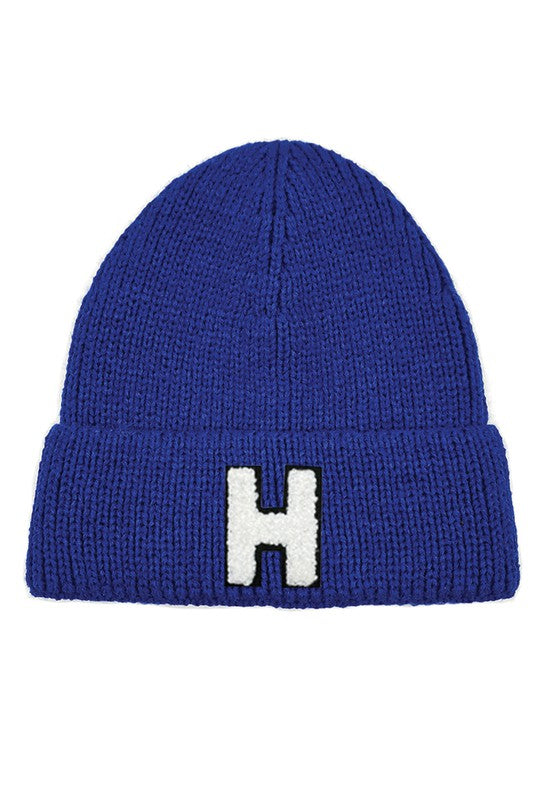 Letter H Chenille Patch Ribbed Cuff Beanie Hat